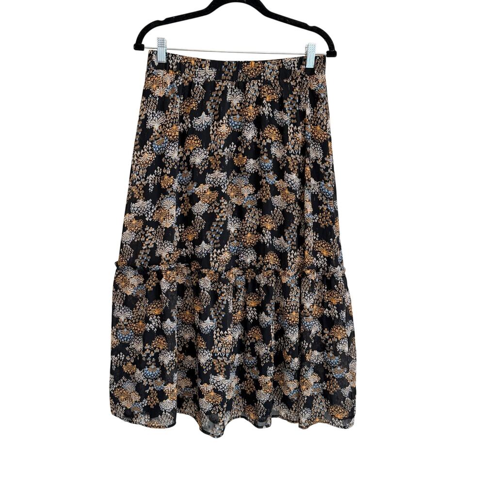 Rue De Femme Floral Midi Skirt Medium Black Metallic Tiered Maximalist Eclectic